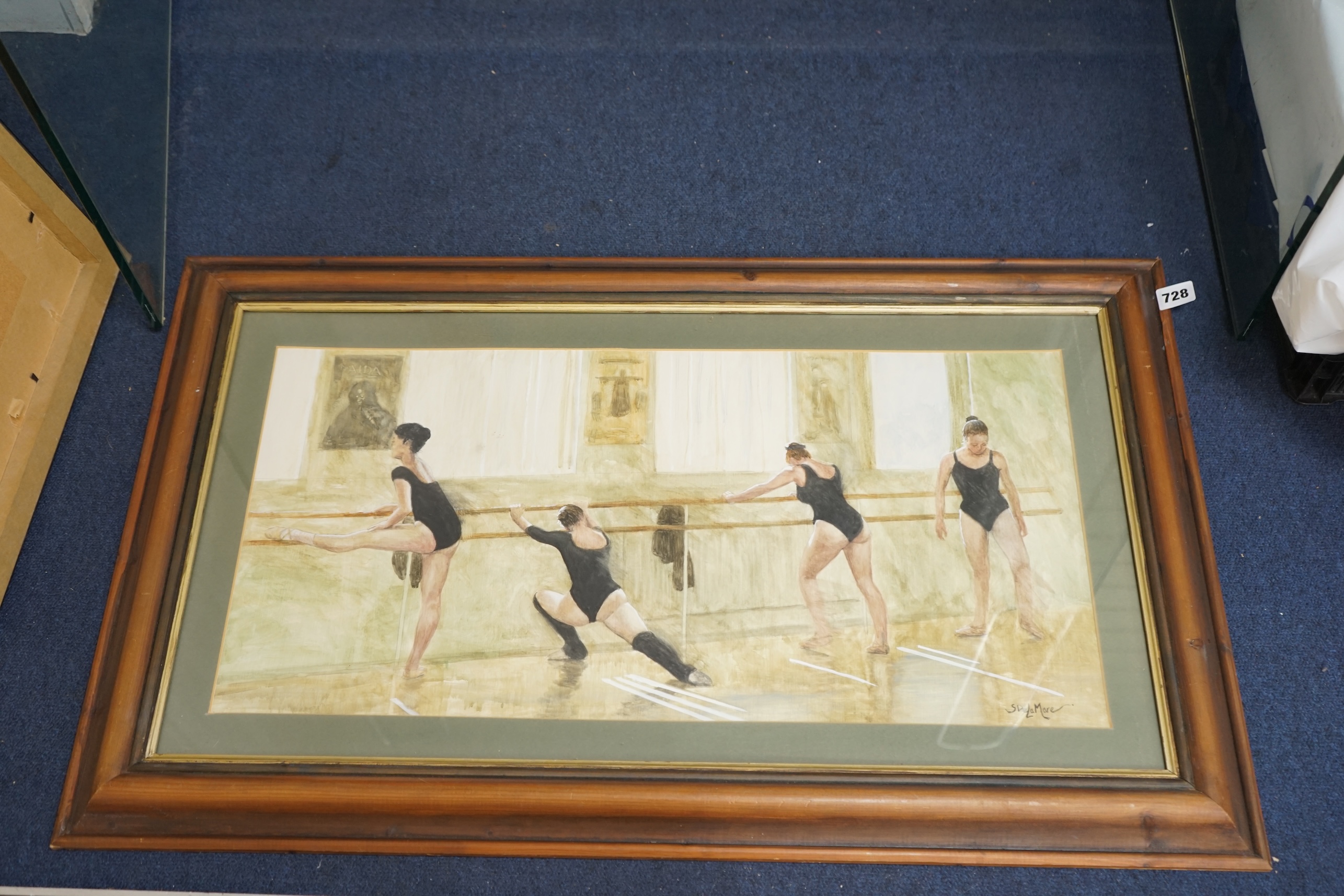 S. de la Mare, mixed media and heightened watercolour, Study of four ballet dancers, signed, 33 x 67cm. Condition - good